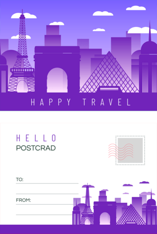 旅游海报模板_渐变紫色建筑风景旅游明信片