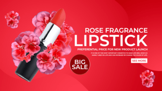 化妆品促销宣传海报模板_红色花卉口红促销宣传活动横幅模板