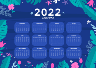 新年日历模板海报模板_蓝色花朵植物边框2022年日历模板