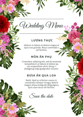 现代时尚花卉越南婚礼菜单