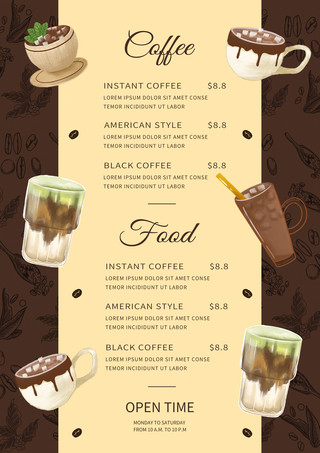 盘子矢量海报模板_水彩棕色咖啡厅菜单