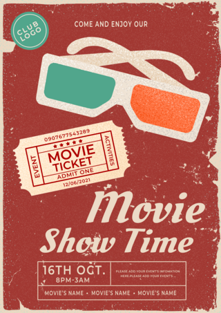 红色绿色复古电影票眼镜电影活动海报