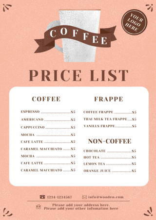 咖啡杯咖啡店复古粉色价目表