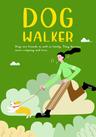 绿色可爱卡通矢量海报模板_狗步行者卡通可爱宠物传单