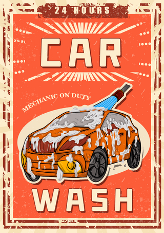 摩托车海报模板_洗车服务橙色复古创意模板海报