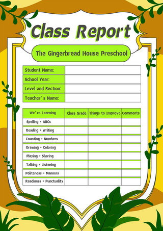 春天日记海报模板_成绩单幼儿园评分等级植物黄绿色简约卡通传单