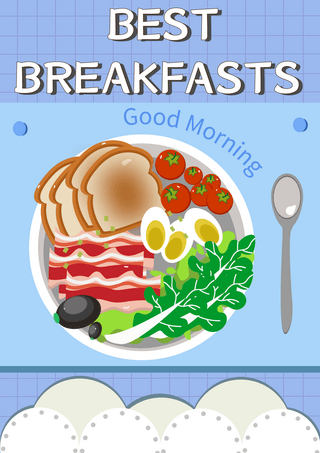 早餐食物卡通插画蓝色模板