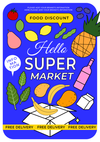 矢量平面海报模板_超级市场水果食品平面风格蓝色海报