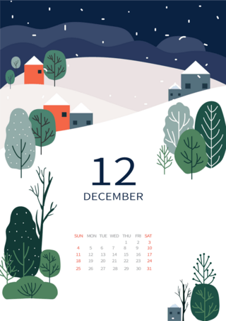 雪地植物冬季插画风格12月日历