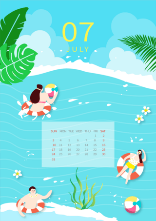 游泳知识海报模板_游泳夏季插画风格蓝色7月日历