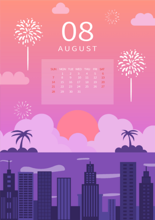 八月背景海报模板_夏季建筑剪影插画风格紫色8月日历