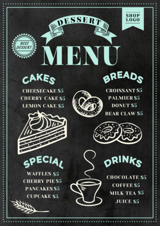 比萨斜塔海报模板_甜品菜单复古风格线稿黑白模版