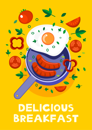 早餐食物卡通插画黄色海报模版