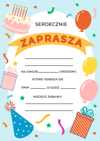 彩色的气球插画海报模板_波兰生日邀请函卡通气球蛋糕蓝色模版