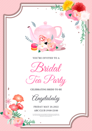 粉色的背景海报模板_花束新娘茶派对粉色邀请函