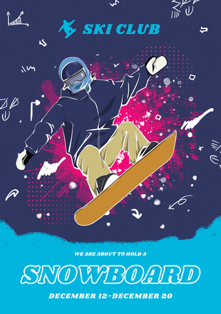 复古底纹印花海报模板_冬季单板滑雪运动紫色创意海报