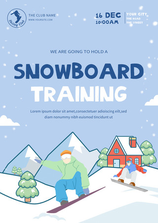矢量卡通人物海报模板_冬季单板滑雪运动卡通趣味海报