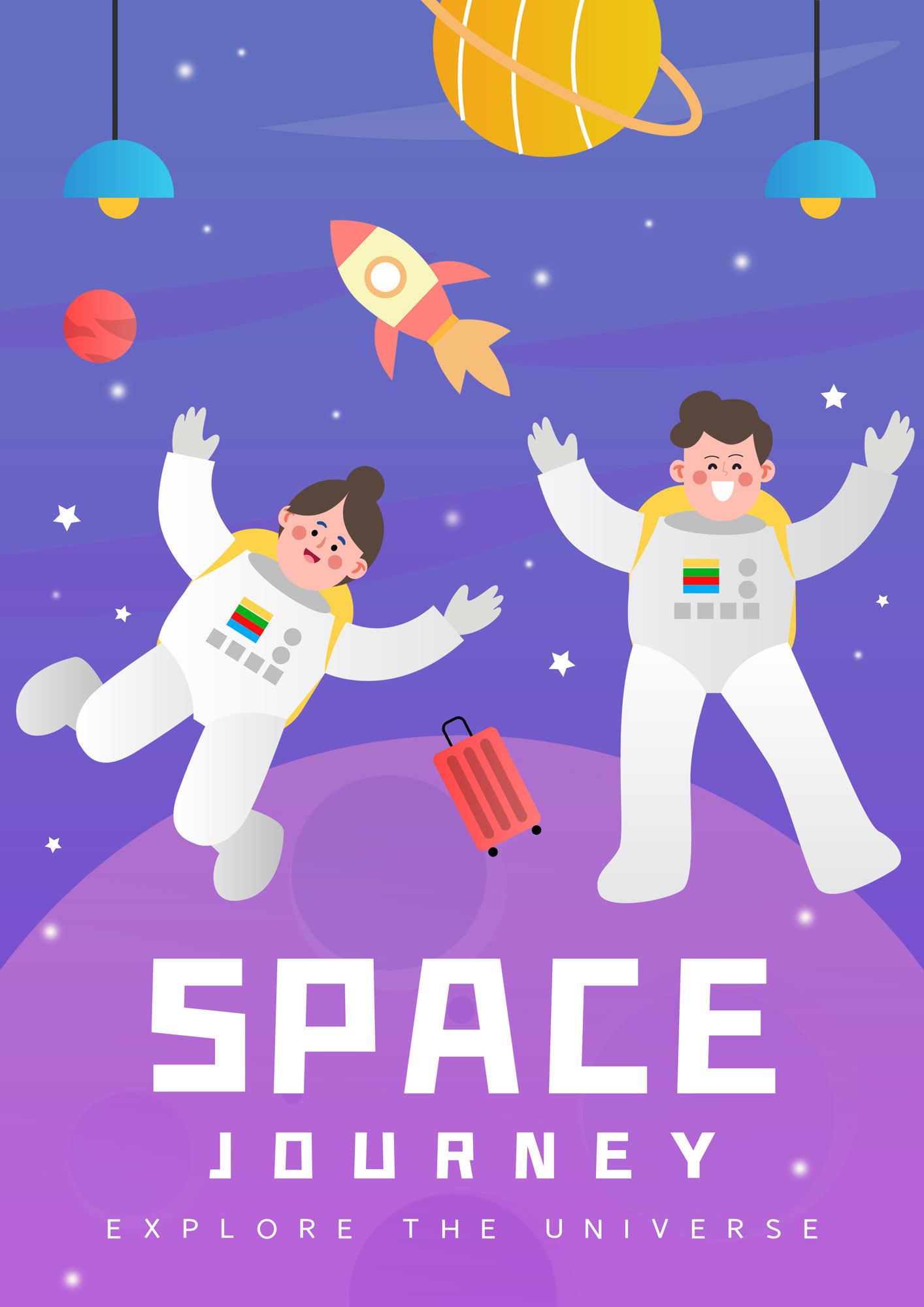 宇宙太空旅游时代卡通紫色模板图片
