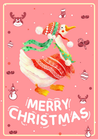 烟囱海报模板_圣诞节动物粉色贺卡