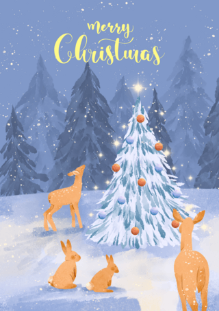 圣诞背景驯鹿海报模板_圣诞节圣诞树贺卡水彩模板