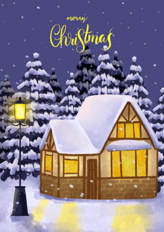 快乐建筑海报模板_圣诞节夜景水彩风格贺卡