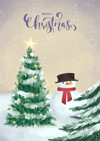 下雪风景海报模板_圣诞节圣诞树贺卡水彩模板