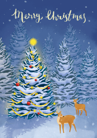 下雪风景海报模板_圣诞节节日森林雪景蓝色贺卡