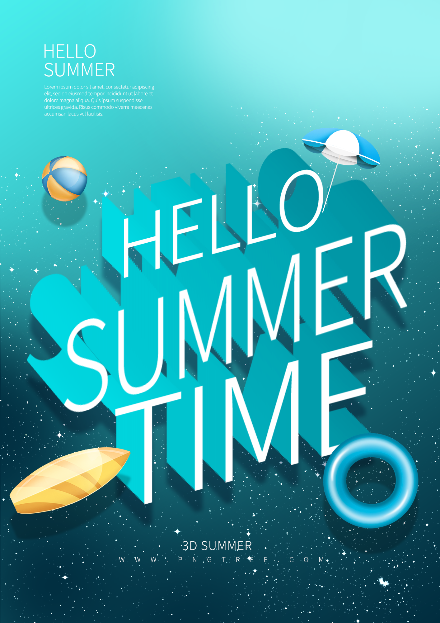 你好夏天艺术字卡通蓝色冲浪板宣传海报图片