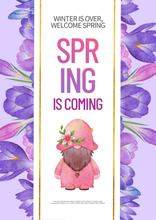 紫色花草海报模板_你好春天侏儒人物紫色贺卡