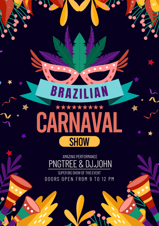巴西狂欢节面具海报模板_彩色植物叶子喇叭眼罩巴西狂欢节节日派对海报