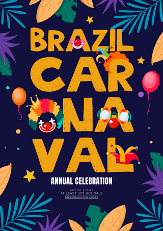 彩色植物叶子面具王冠巴西狂欢节节日派对海报