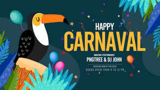 巴西狂欢节面具海报模板_卡通鹦鹉气球大鼓巴西狂欢节节日派对网页横幅