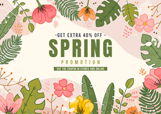 插画卡通植物海报模板_卡通植物花卉叶子春季宣传促销折扣贺卡