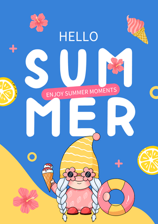 夏季海报模板_侏儒冰淇淋夏天你好可爱粉蓝色海报