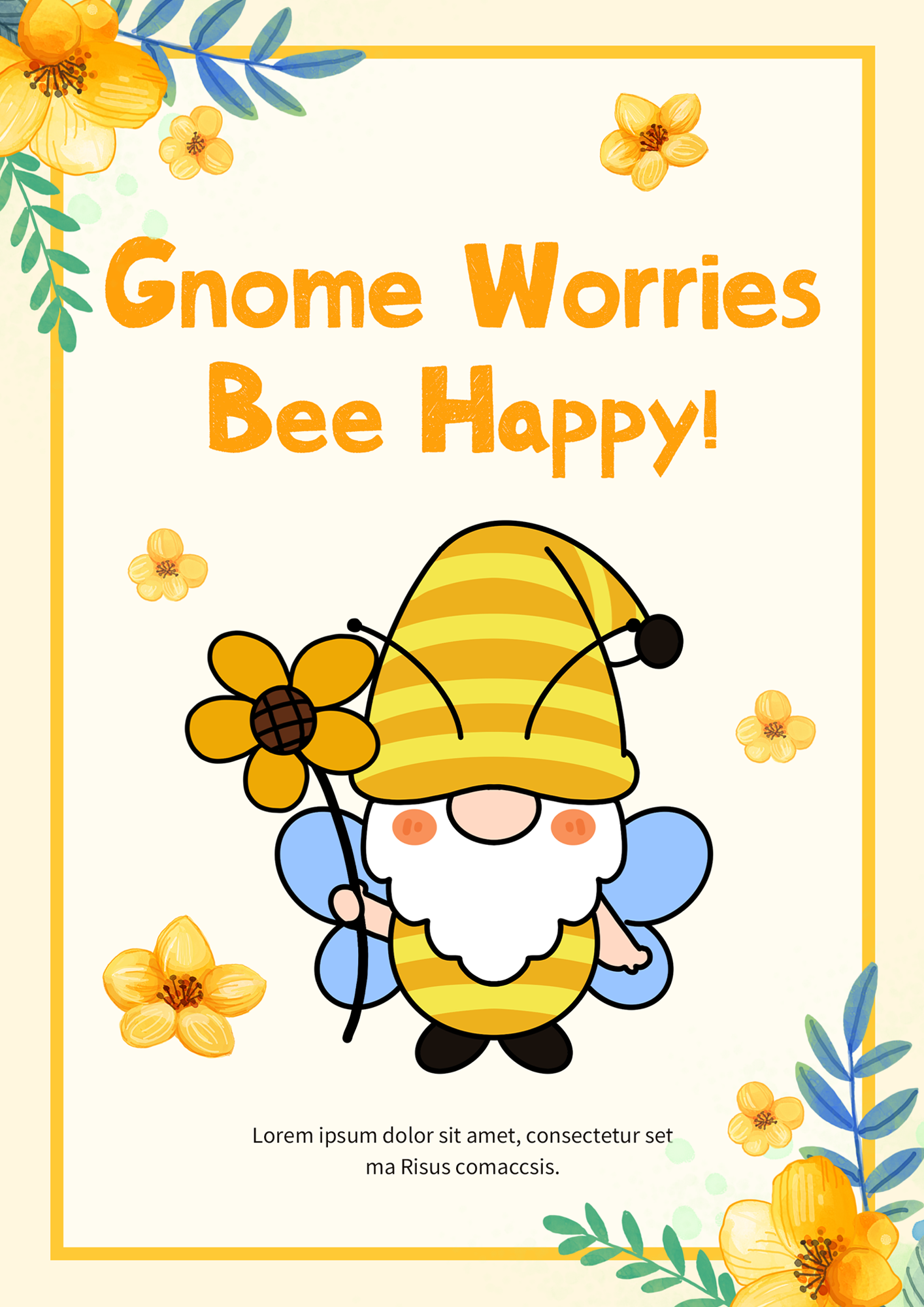 蜜蜂侏儒植物生日快乐卡通黄色海报图片