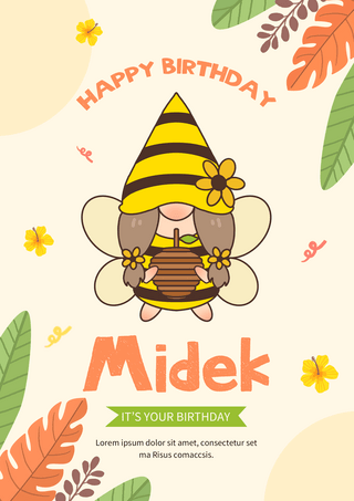 蜜蜂侏儒植物生日快乐卡通黄色海报