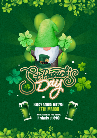 绿色快乐海报模板_幸运草啤酒绿色矮人圣帕特里克节日海报