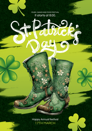 绿立体海报模板_卡通立体3d靴子幸运草水彩涂抹圣帕特里克节日海报