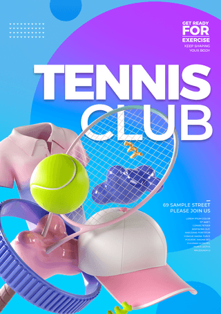 白天健身房健身海报模板_立体3d几何图形网球运动健身俱乐部海报