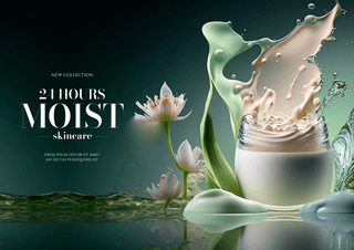 时尚美妆海报海报模板_化妆品面霜花卉植物水面美妆宣传海报