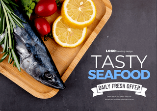 创意海鲜美食海报模板_柠檬蔬菜沙丁鱼海鲜美食宣传海报