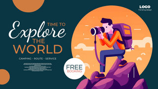 环球世界环球世界海报模板_拍照旅行者探索世界环球旅行卡通网页横幅