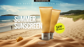 夏日沙滩防晒霜化妆品宣传促销网页横幅