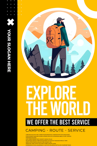 夏日游玩海报模板_几何色块旅行者卡通插画探索世界旅游社交媒体故事