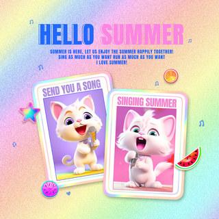 贴纸风格海报模板_你好夏天创意唱歌的小猫人物卡