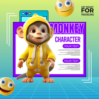 游戏人物海报模板_3d可爱立体笑脸猴子动物角色卡社交媒体广告