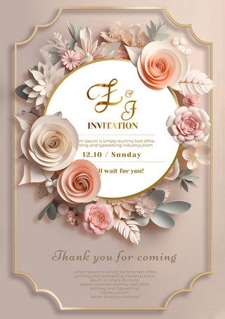 金色植物邀请函海报模板_剪纸风格欧式花卉婚礼邀请函