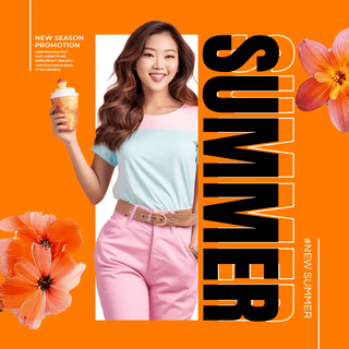 夏日海报模板_女孩花卉夏日植物花卉宣传社交媒体广告