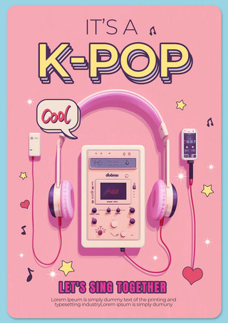 耳机长图海报模板_粉色k-pop创意音乐节海报
