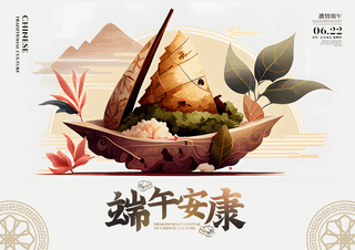 卡通粽子龙舟植物叶子端午节节日海报